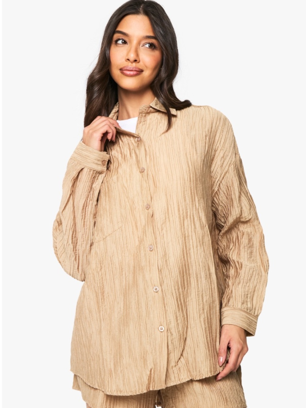 By Together Anthropologie Beige Crinkle Button-Front Blouse S